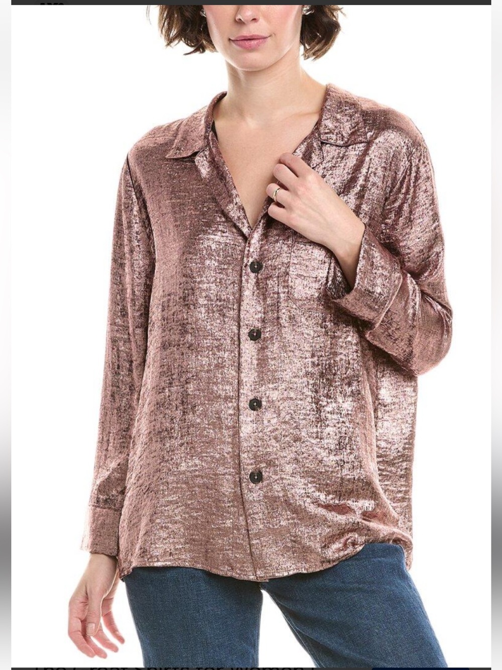 The Great Lounge Bask Metallic Button Down Blouse in Rose Gold